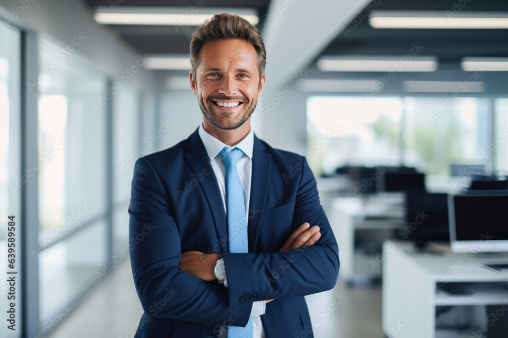 Portrait of happy businessman with arms crossed standing in office ...