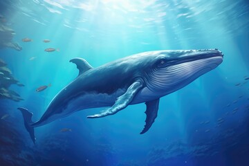 Wall Mural - A Humpback Whale Plays Near the Surface in Blue Water, AI Generated