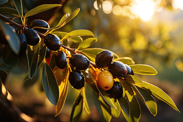 Poster - Fresh black green olives fruits with green leaves and rain drops