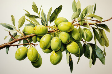 Poster - Green olives on a branch with green leaves, watercolor drawing, white background