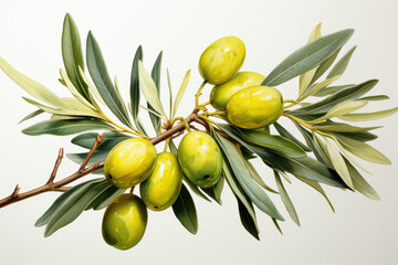 Poster -  branch with  green olives on green leaves, watercolor drawing on a white background