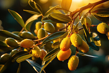Aufkleber - Fresh yellow green olives fruits with green leaves and rain drops on tree branch  in sunny background