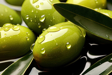 Poster - Fresh green olives fruits with green leaves and oil drops, close up