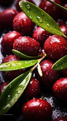 Poster - Fresh red olives fruits with green leaves and oil drops