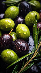 Poster - Fresh black green olives fruits with green leaves and oil drops, close up