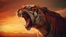 A Tiger Roaring Against A Golden-hued Sunset, Combining Power And Natural Beauty, Offering Space For Text Near The Horizon. AI Generated.