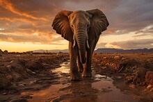 One Adult African Elephant In The Plains At Sunset