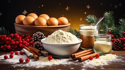 Wall Mural - Delicious holiday baking background with ingredients and utensils. Generative Ai