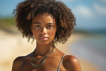 a beautiful young african dark-skinned woman posing for a photo at the beach on a vacation in summer, the sea or ocean water behind her