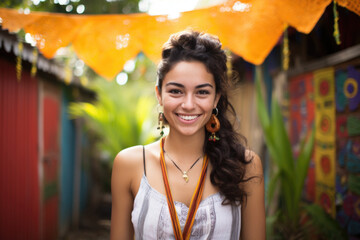 Wall Mural - Portrait of a happy smiling Hispanic woman outdoors