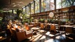 A large, clean library, filled with numerous books and featuring a reading desk, is dedicated to college and education, and it is bathed in the warm afternoon light.

