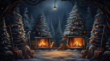 Market Christmas Trees With Branches And Trees With A Burning Stove And Firewood. Generative Ai