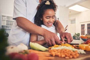 Canvas Print - Cooking, vegetables and father with kid in the kitchen for child development, teaching and learning. Bonding, happy and dad helping girl to cut ingredients for a dinner, supper or lunch meal at home.