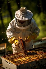 Wall Mural - a professional beekeeper wearing a protective clothing and veil taking care of his bee hive in the rural setting, harvesting honey