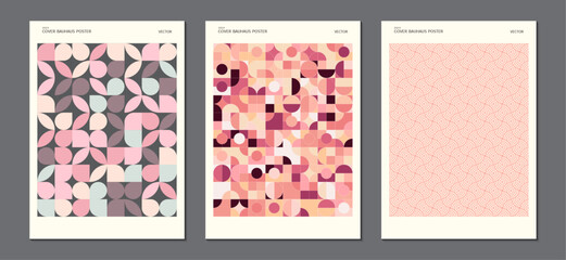 Wall Mural - Collection of cover design templates with geometric patterns. Pink tone. Ideas for magazine covers, brochures and posters. Vector illustration.