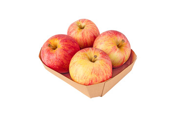 Sticker - Four red striped apple fruits in the brown recycled paper tray isolated transparent png.
