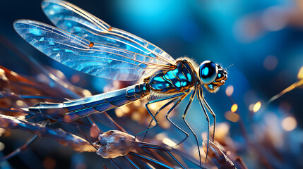 Canvas Print - A delicate damselfly perched on a slender reed, its iridescent wings shimmering in the sunlight, montage photography, Expressionism,