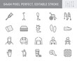 Orthopedic equipment line icons. Vector illustration include icon - shoulder bandage, stockings, children orthosis outline pictogram for medical rehab devices. 64x64 Pixel Perfect, Editable Stroke