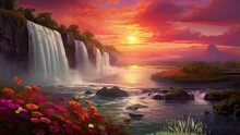 Magnificent View Of The Waterfall Meeting With The Sea, Sunrise/sunset And Flowers Blooming, Seamless Looping 4K Virtual Video Animation Background