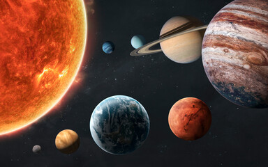  3D illustration of Solar system - all planets in high quality. 5K realistic science fiction art. Elements of image provided by Nasa