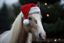Horse In Santa Hat. Horse In Christmas Hat Looks At Place For Text. Symbol Of The Year. Chinese Horoscope. Calendar. New Year 2024. Holiday, December, Merry Christmas, Happy New Year. Santa Claus Cap