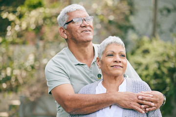 Poster - Love, hug and senior couple in a garden with care, trust and support, thinking and bond outdoor. Happy, marriage and elderly man with old woman in backyard embracing retirement, relax and smile