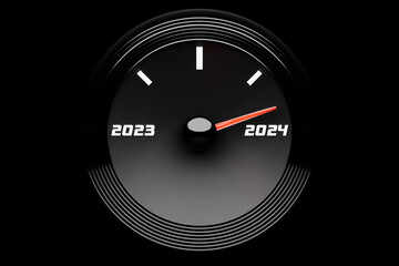 Wall Mural - 3D illustration close up black speedometer with cutoffs 2023,2024. The concept of the new year and Christmas in the automotive field. Counting months, time until the new year.