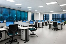 State Of The Art Computer Lab Representing A Network Illustration On Wide Screens