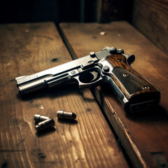 A pistol laying on a wooden table