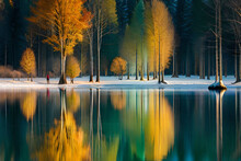 Lake And Calm River Pine Forest Mountain View Landscape. Atmosphere In Winter Season Over The Lake