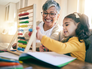 Sticker - Education, family and child with grandmother, abacus or counting, project or homeschool, kindergarten or lesson. Learning, math and happy kid with grandma in living room help, teaching or development