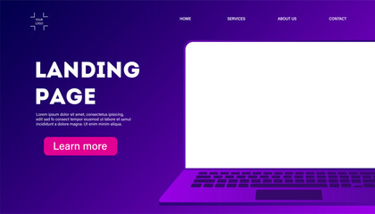 Landing page in modern style with laptop. Device with empty space for your image, video or text.