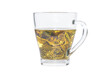 Green tea in a transparent glass cup. Tea brewing process in transparent glass cup.