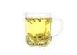 Tea brewing in transparent cup. Dragon Well green tea (Longjing tea).