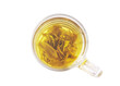 Green tea in a transparent glass cup. View from above. On a white background.