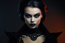 Fashion Portrait Of A Vampire Woman With Beautiful Dark Make-up On A Black Background