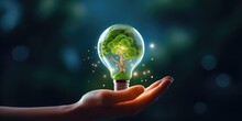 Hand Holding Light Bulb With Growing Tree. Ecological Friendly And Sustainable Environment, Saving Energy And Eco Concept, Technology, Environment, Ecology Concept, Generative Ai