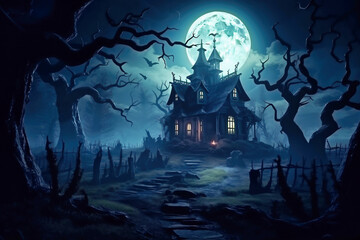 Wall Mural - Halloween pumpkins near a tree in a cemetery with a scary house. Halloween background at night forest with moon and bats.