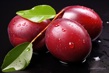 Wall Mural - Pair of purple Plums with leaf isolated on dark background. (ai generated)