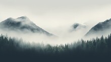 Coniferous Forest In Misty Fog ,minimalism Style Background With Copy Space, Generative Ai