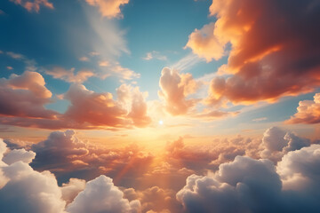 Heavenly rays of light in the clouds. Dreamy inspiring hope concept. Sun rays from heaven. Blessed light.