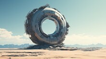 Circle Gate Portal With Desert Landscape , Minimalism Style Background With Copy Space, Generative Ai