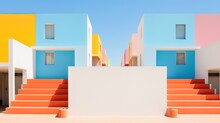 Abstract Background Minimalism Style With Copy Space Of Building In Colorful Tone Against Blue Sky Background, Generative Ai