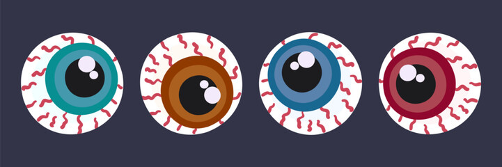 Halloween set of human eyeballs. Flat cartoon zombie eye balls with blood vessel and colorful iris. Vector illustration isolated on dark background