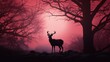 Hirsch im roten infrarot Licht. Hintergrundbild mit Silhouette von Wild im Wald bei Sonnenuntergang.