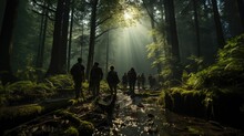 A Low-key Scene Of A Group Walking Through A Shadowy Forest, Captured Using Tilt And Tracking Shots. 