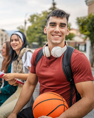 Wall Mural - group of teenage students gen z sit in front of school university