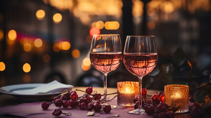 Wall Mural - Romantic Valentine's Day dinner table with red wine, box of chocolates and candle lights. Professional color grading, soft shadows, sharp focus, cinema film photography