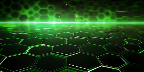 abstract technology background with green hexagons and dark background