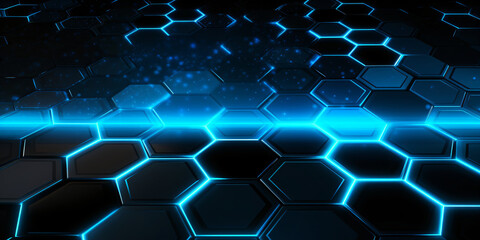 Abstract technology background with blue hexagons.
